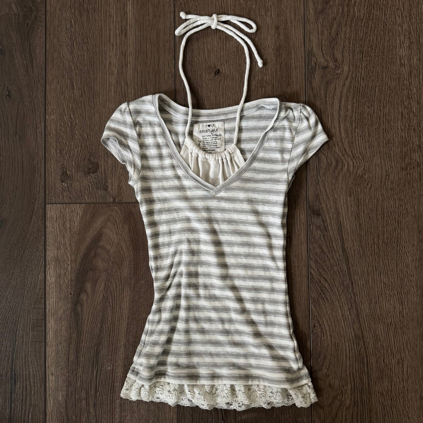 grey & white y2k stripped halter lace trim double layered top (S)