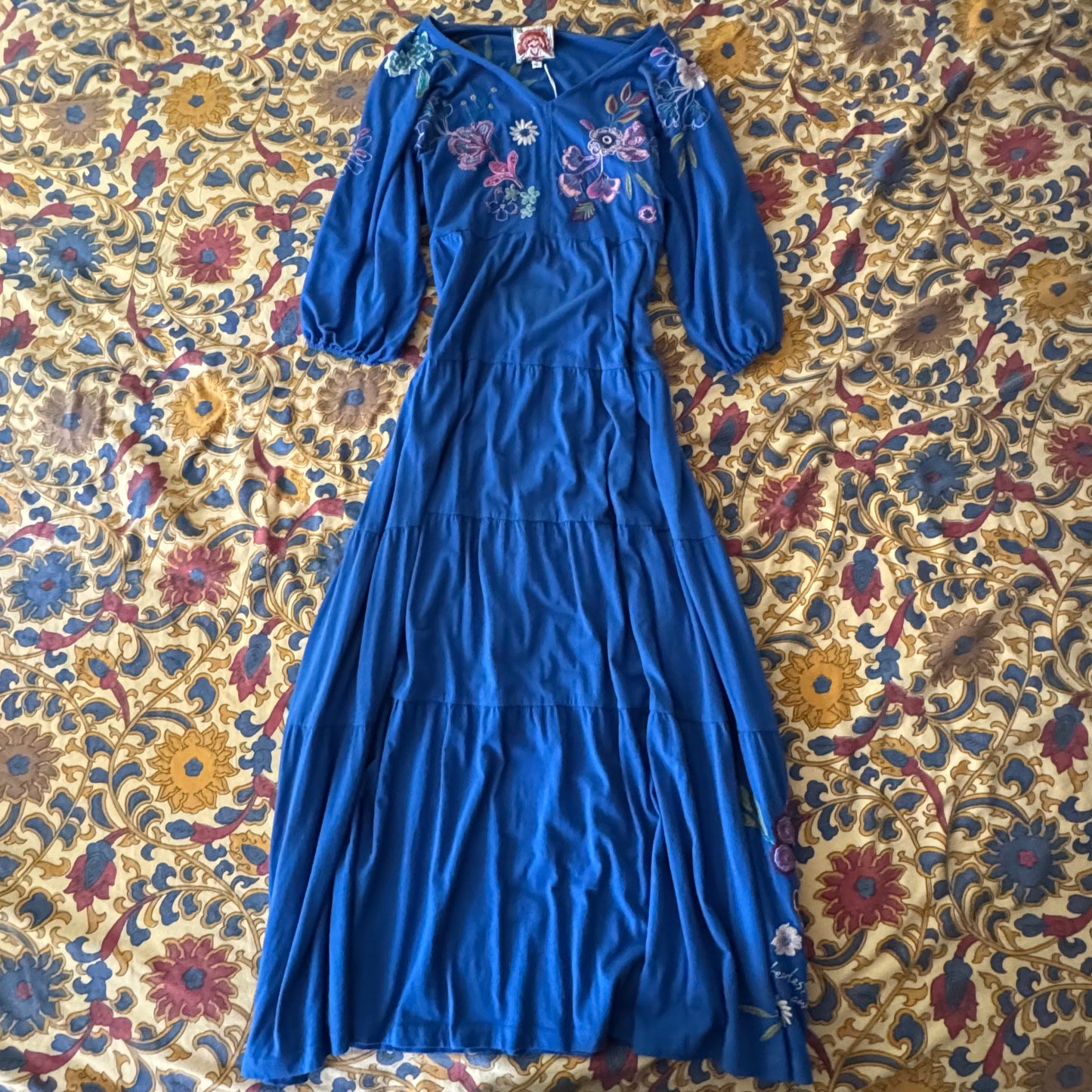 blue NWT boho floral johhny was inspiring embroidered words tiered dress