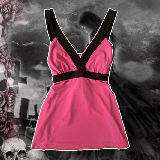 pink & brown babydoll y2k tie back top (s)