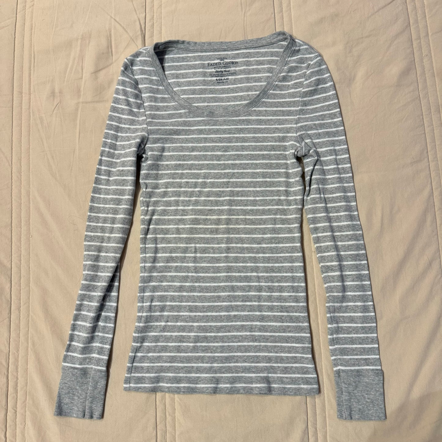 Grey & White ‘Faded Glory’ Stripped Long Sleeve Shirt