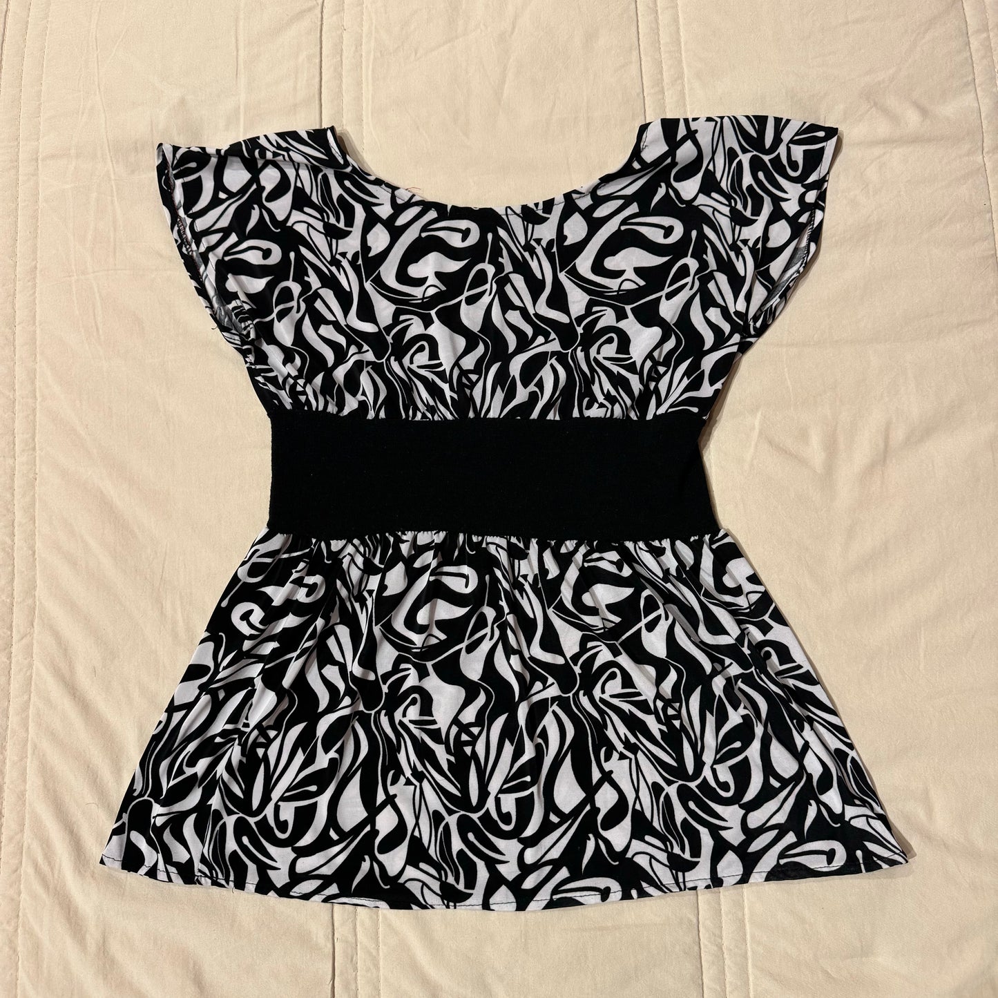 Black & White Patterned Babydoll Blouse