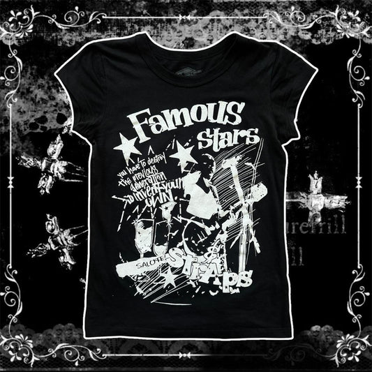 black & white famous straps and stars graphic juniors tee