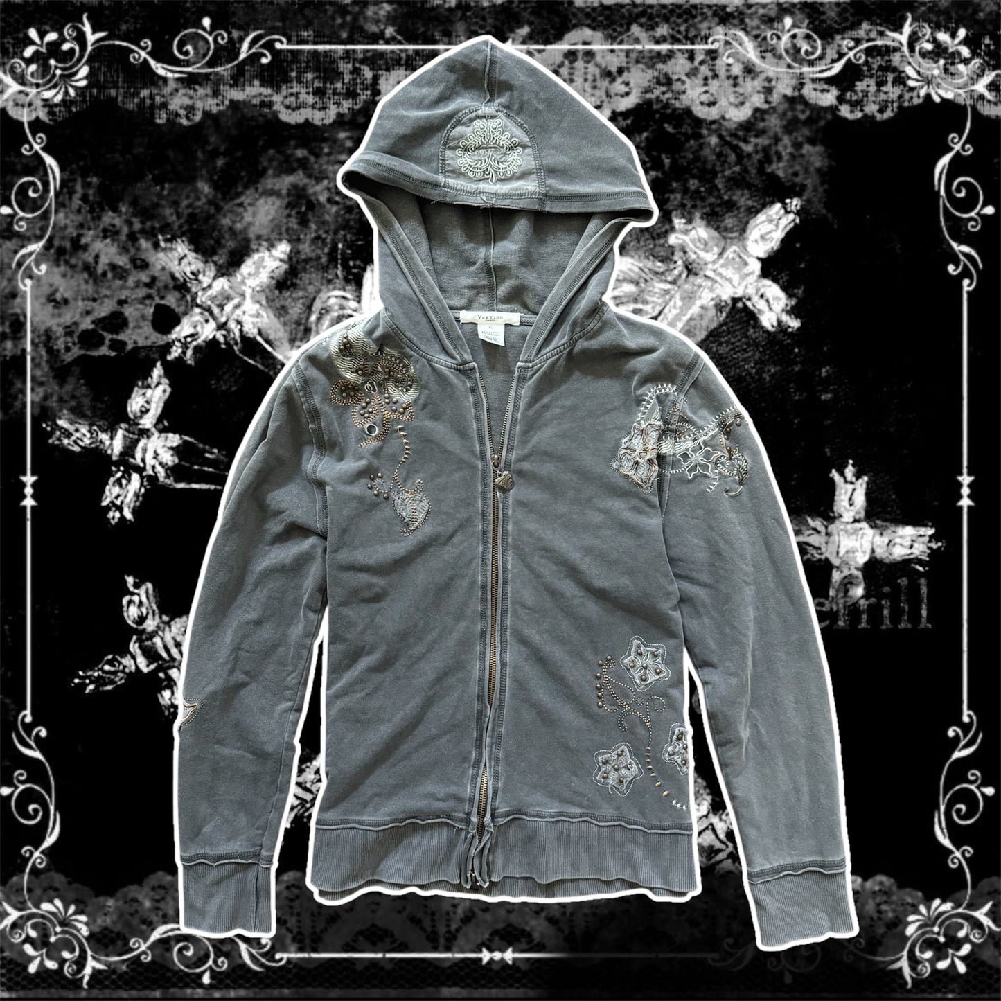 dark grey y2k embellished grungy zip up jacket