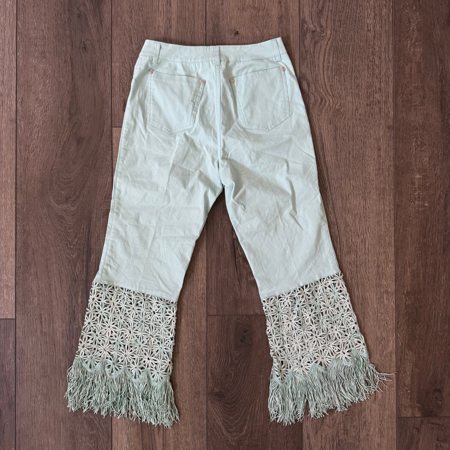 teal blue euro italian designer high waisted fringe capri pants