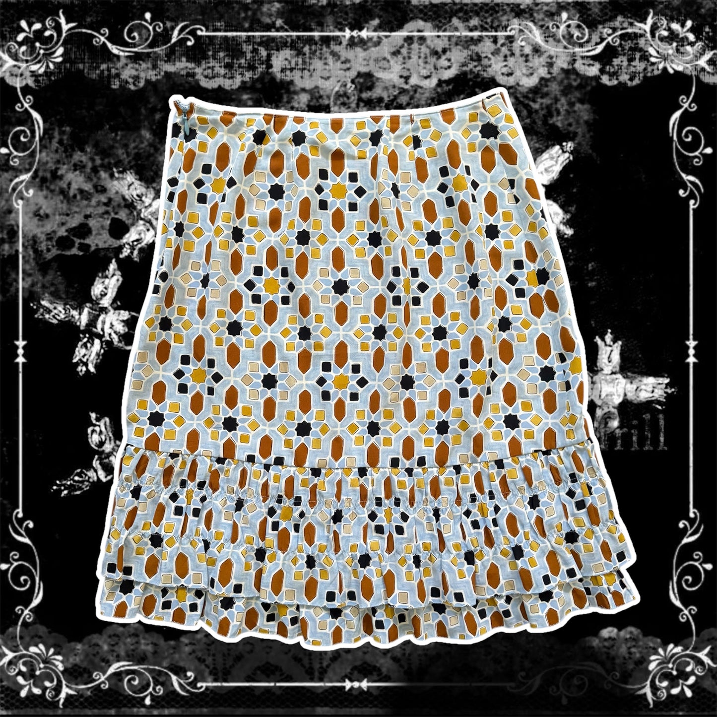 blue multicolored prada tiered midi skirt