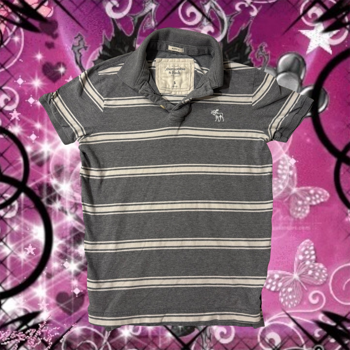 Grey & White ‘Abercrombie & Fitch’ Stripped Polo Shirt