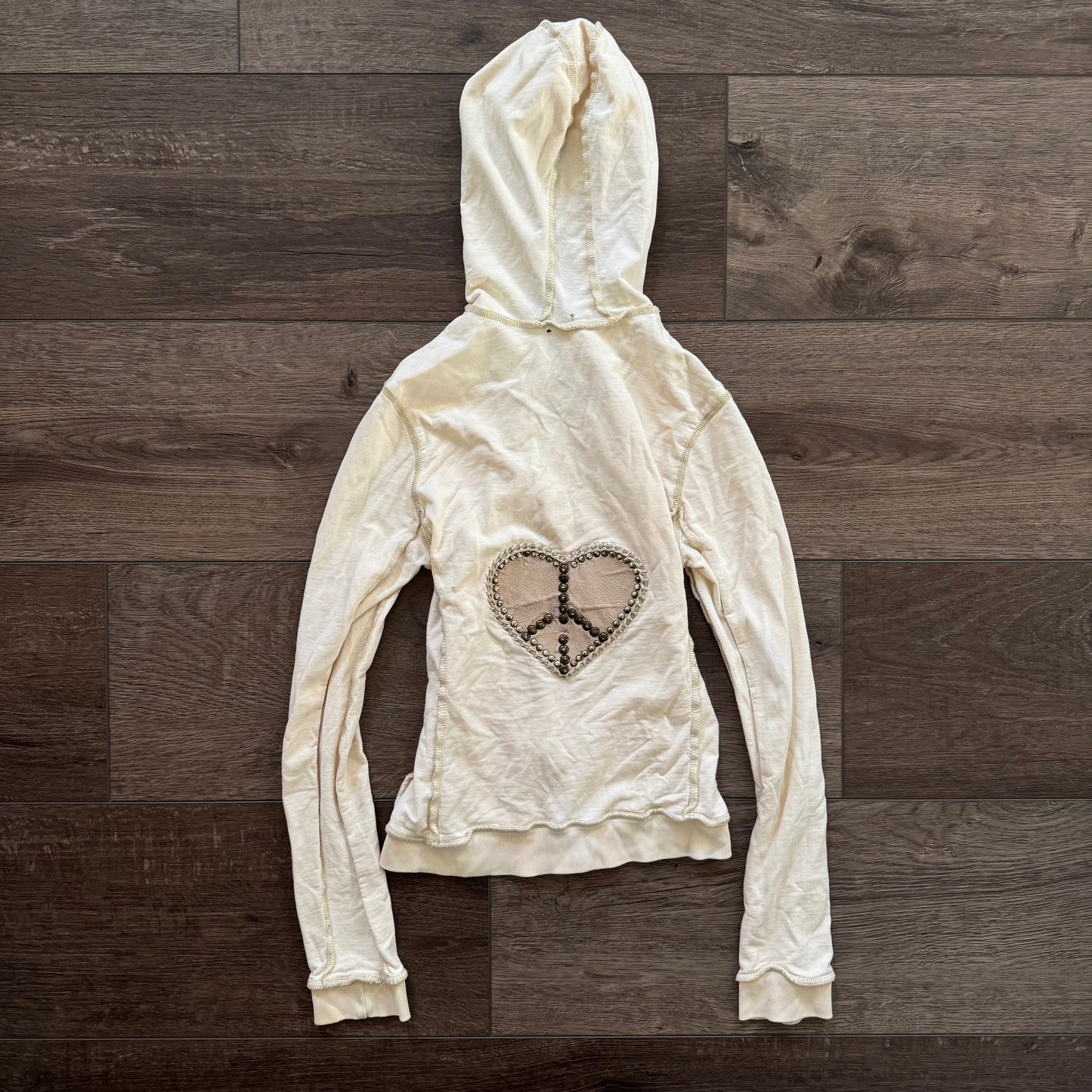 crème rhinestone heart peace sign y2k distressed hoodie
