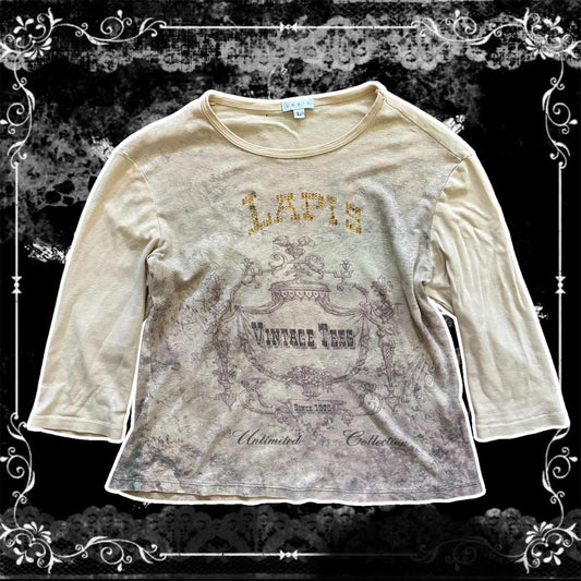 creme vintage lapis rhinestone y2k quarter sleeve shirt