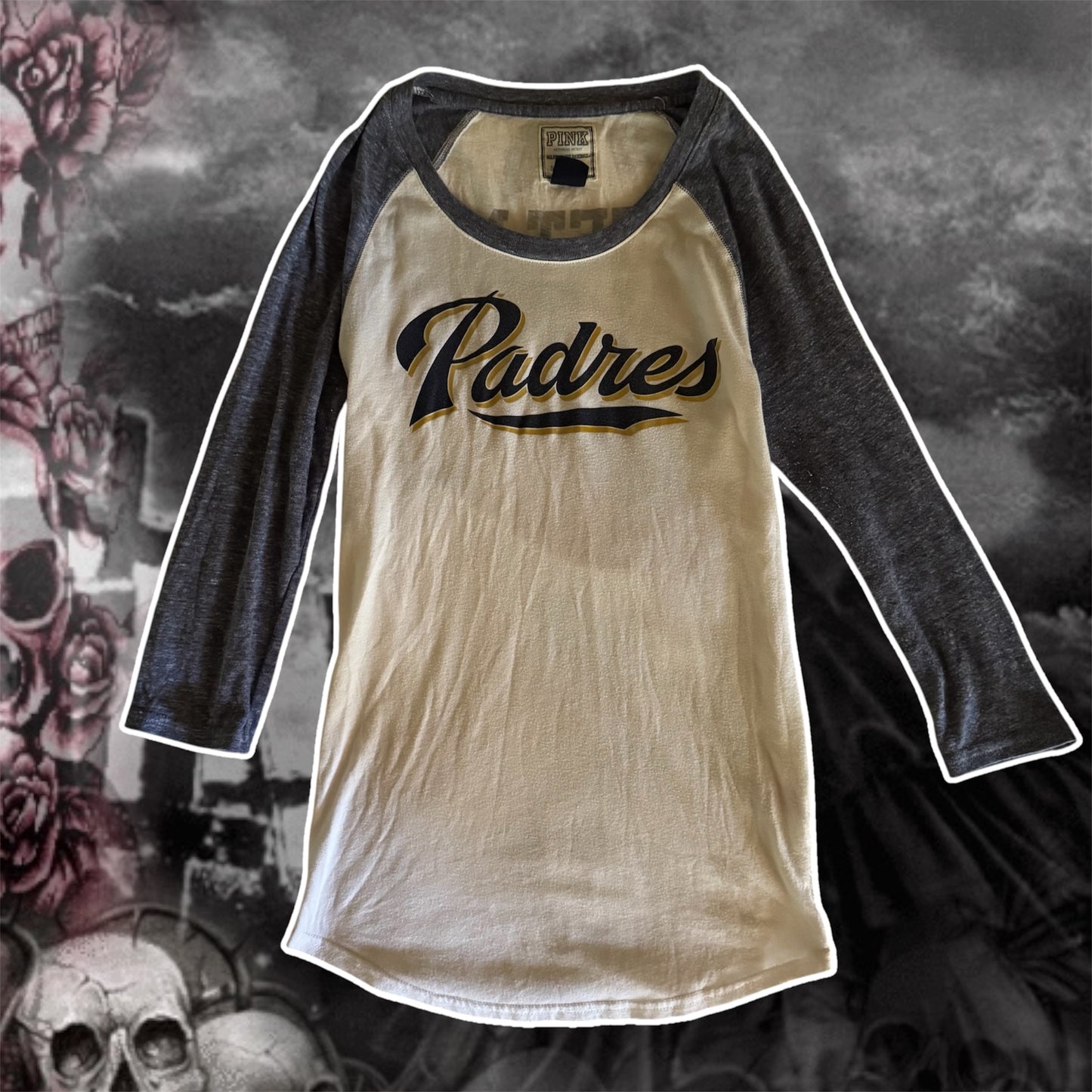 blue and white VS PINK san diego padres MLB cute slogan 3/4 sleeve shirt (S)