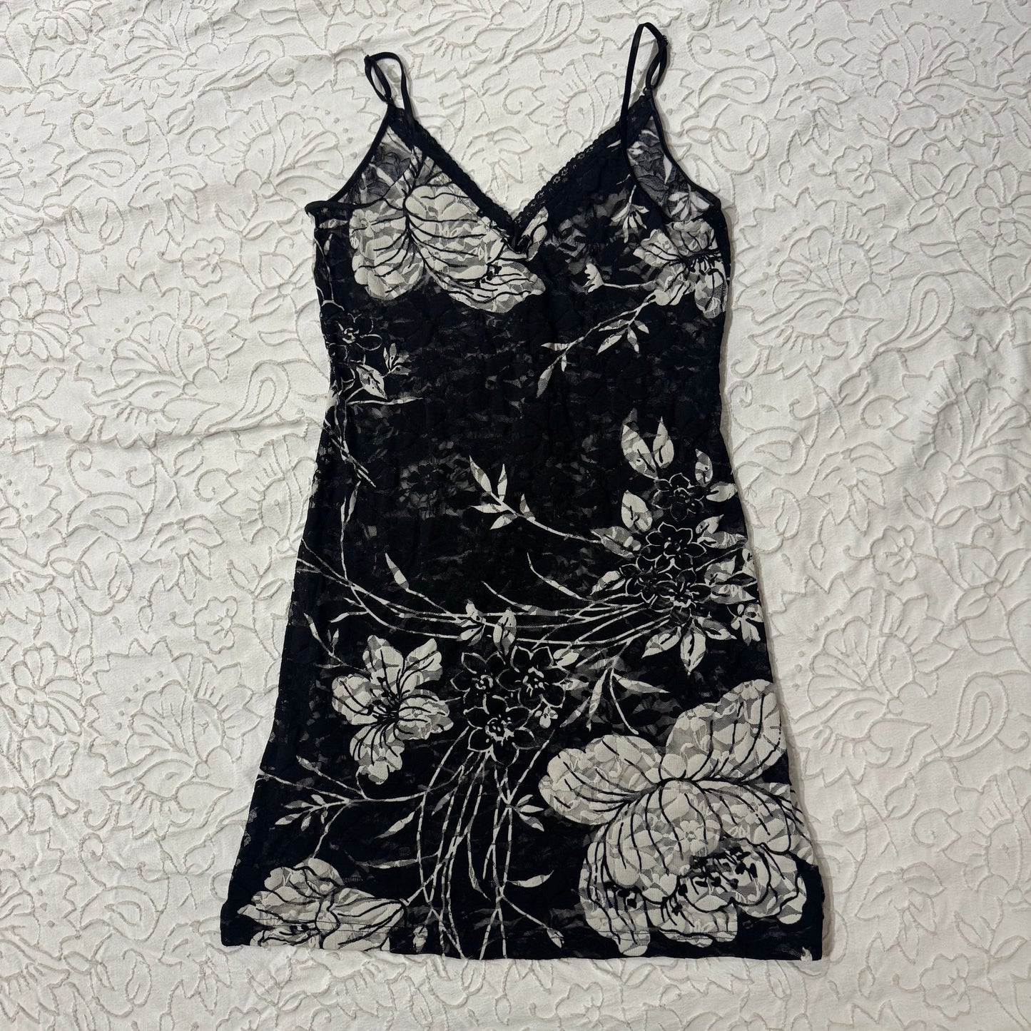 Black & White Mesh Floral Lace Trim Slip Dress