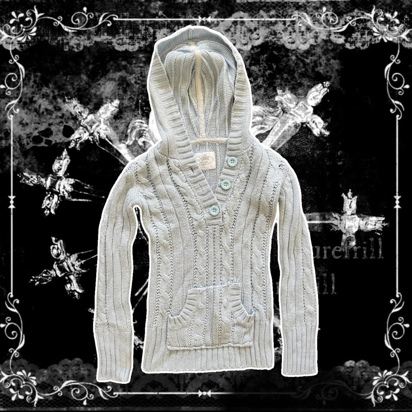 icey blue cable knit button up hoodie