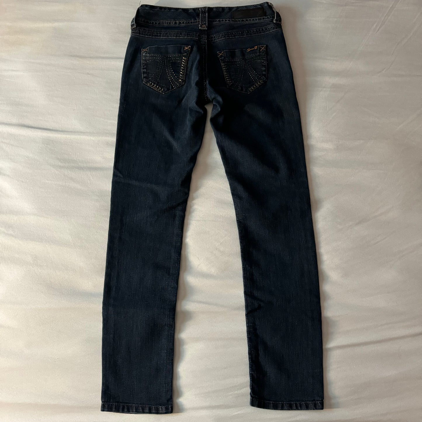 Dark Denim Blue ‘Seven 7’ Gold Stitching Lowrise Slim Straight Jeans