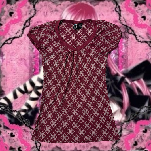 Burgundy ‘Weavers’ Y2K Oblique Mesh Babydoll Top