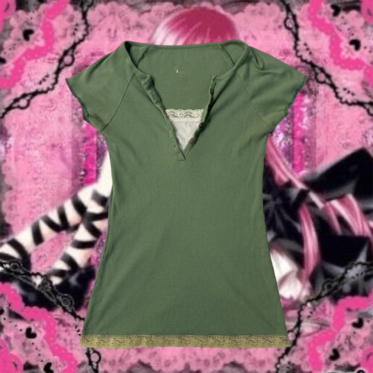 Green Lace Trim Y2K Henley Short Sleeve Shirt