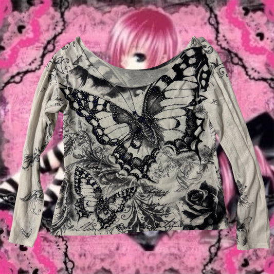White Y2K Rhinestone Butterfly Long Off the Shoulder Sleeve Top