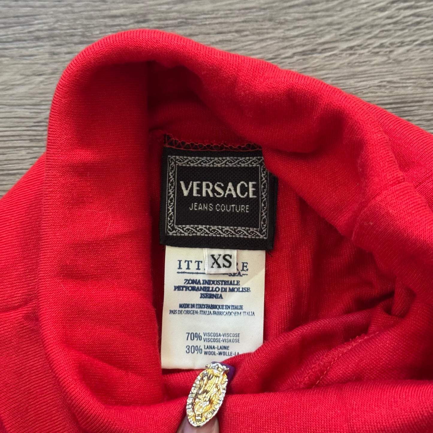 red & gold versace jeans couture long sleeve turtleneck top