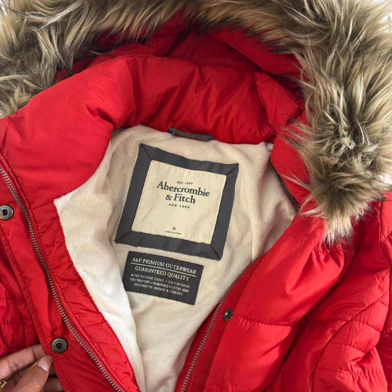 red abercrombie & fitch puffer fur trim premium jacket