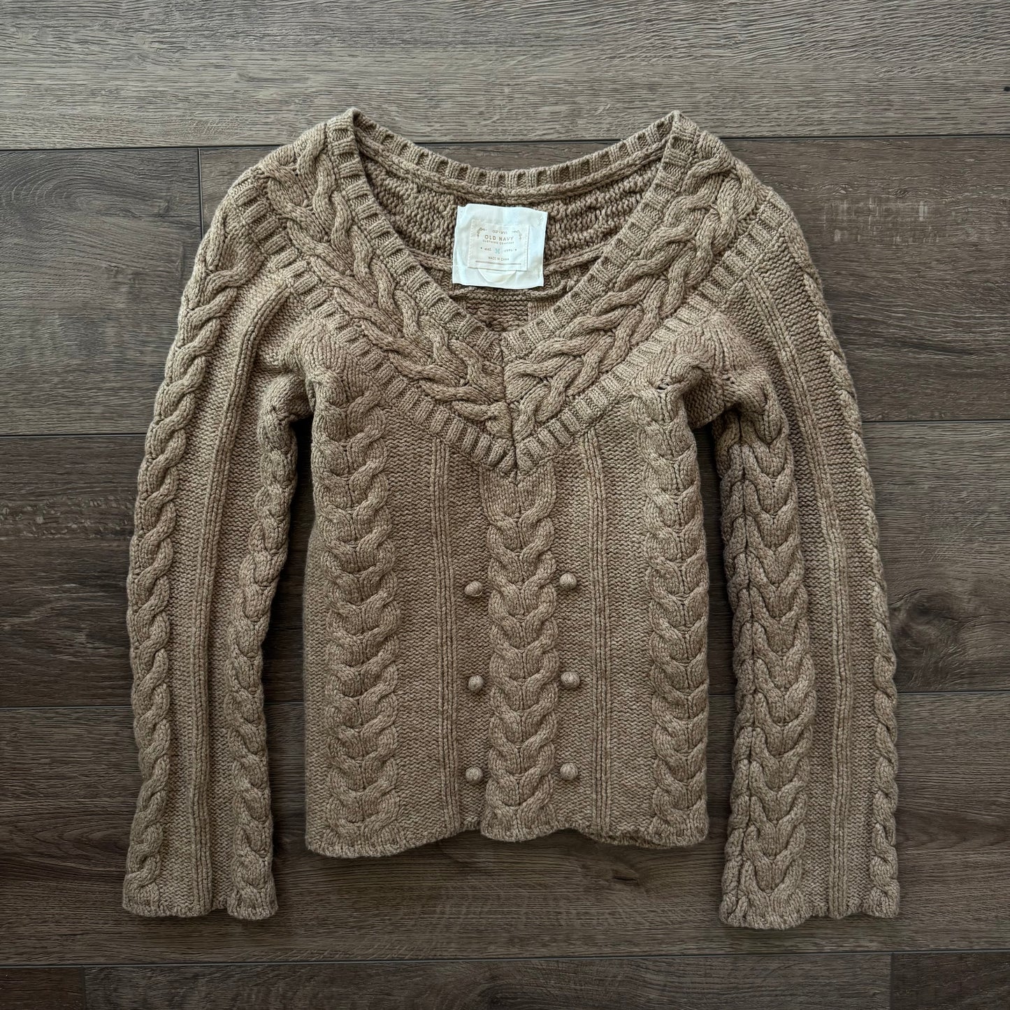 brown cable knit lambs wool long sleeve sweater