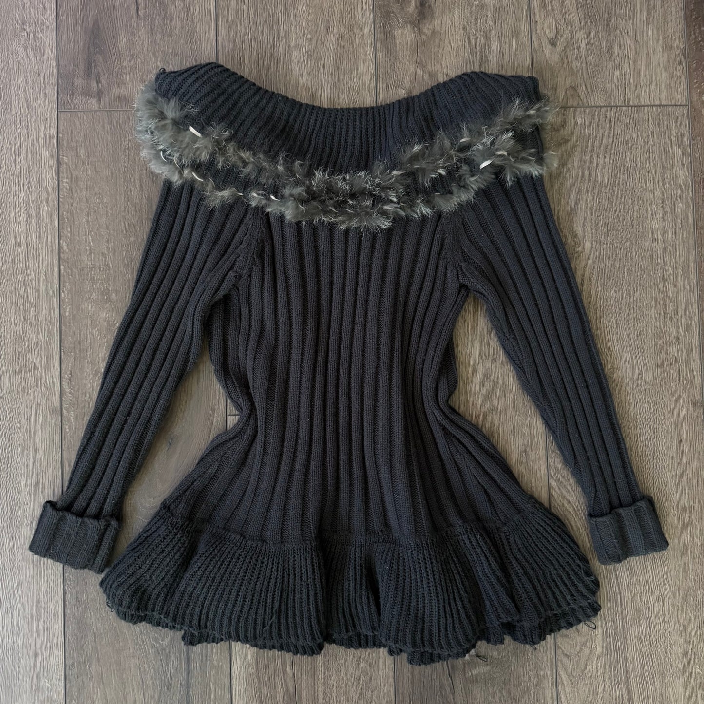 grey pennylane fur trim gothic knitted cardigan sweater