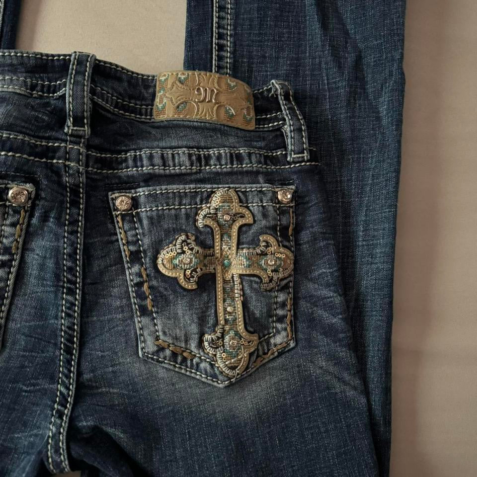 Denim Blue ‘Missme’ Aztec Embroidered Cross Bootcut Midrise Jeans