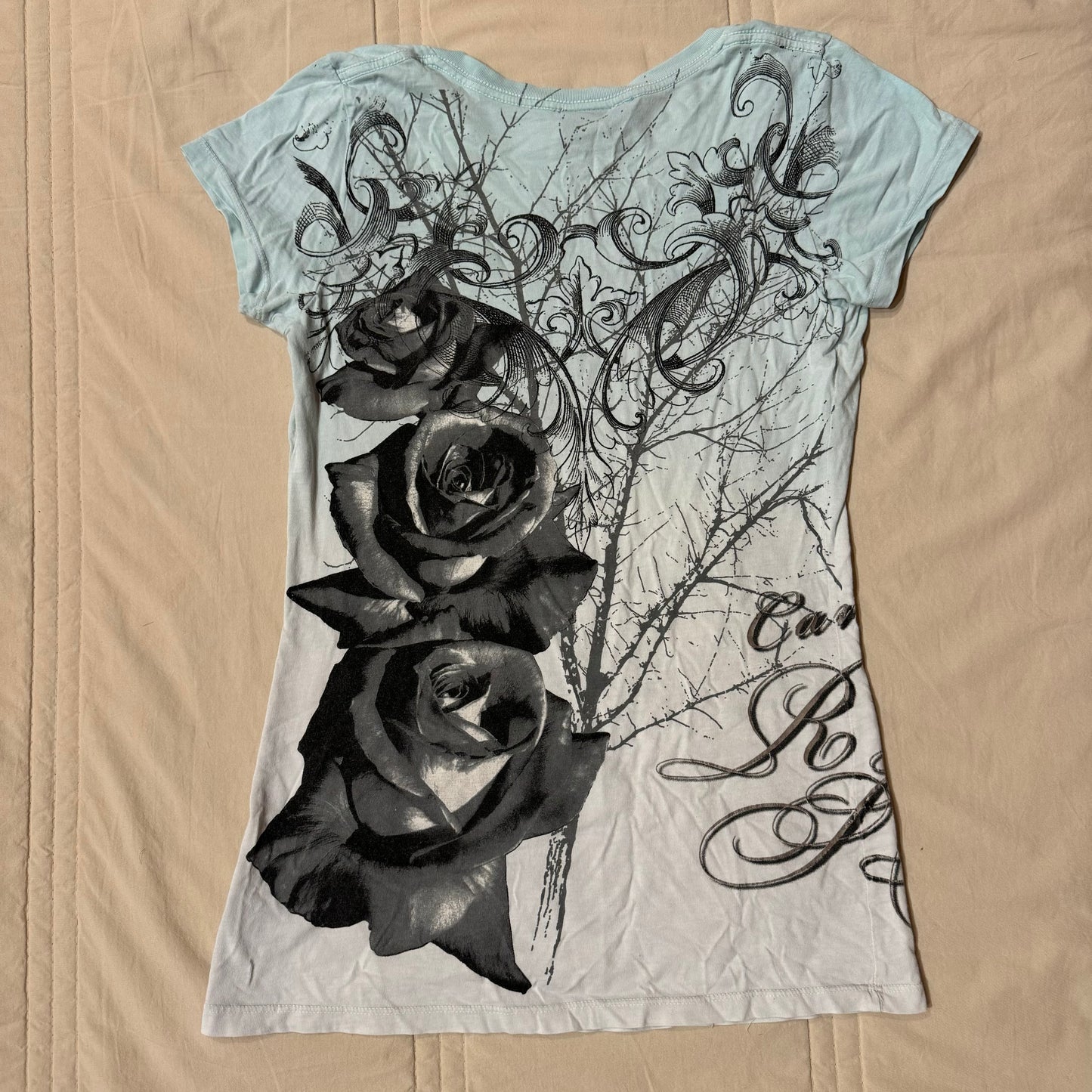 Ombré Blue ‘Rest’ Rose Print Gothic Top