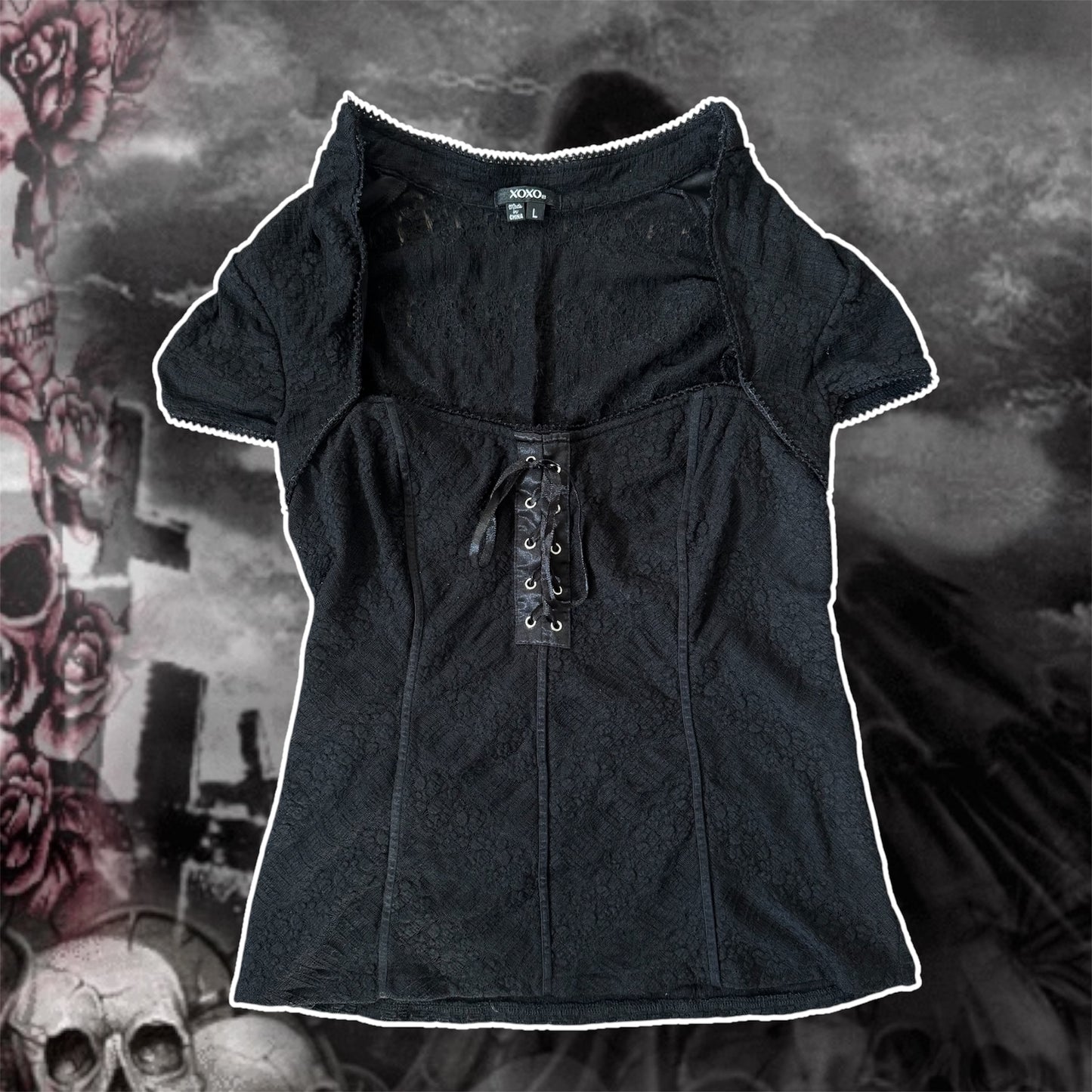 black y2k xoxo corset gothic short sleeve blouse (L)
