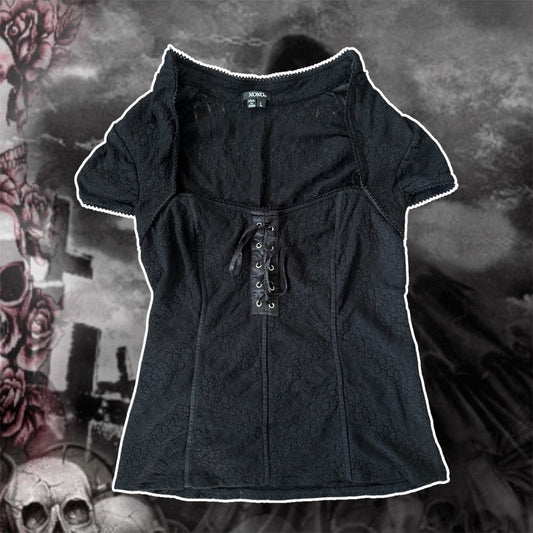 black y2k xoxo corset gothic short sleeve blouse (L)