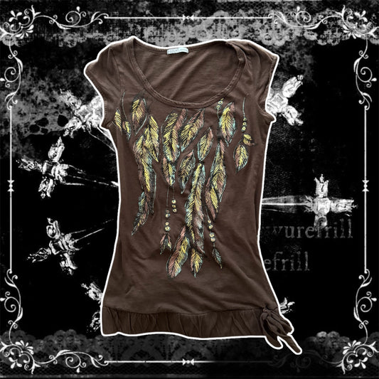 Brown & Yellow ‘Monteau’ Feathers Y2K Graphic Shirt