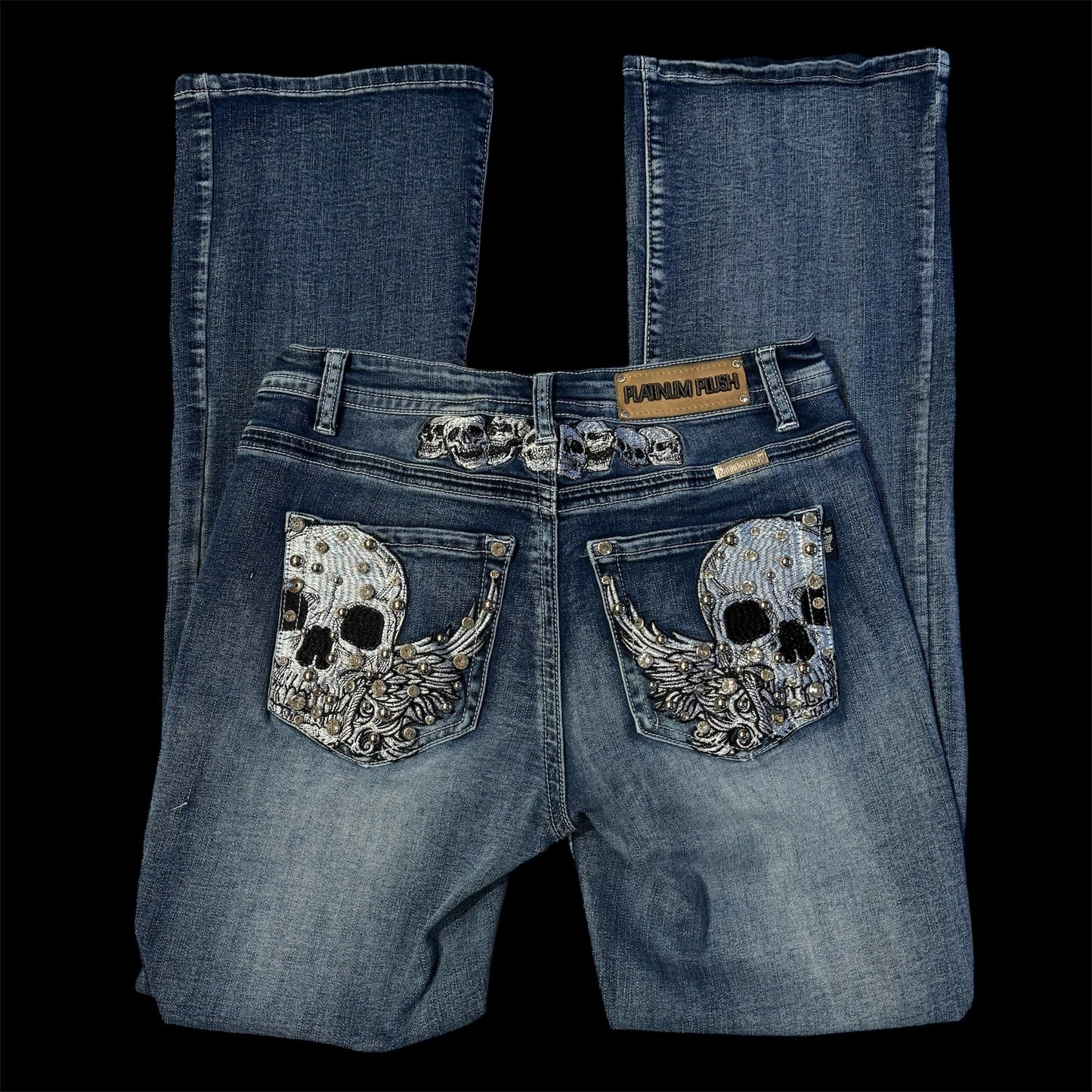 Denim Blue ‘Platinum Plush’ Skull Embroidered High Rise Bootcut Jeans