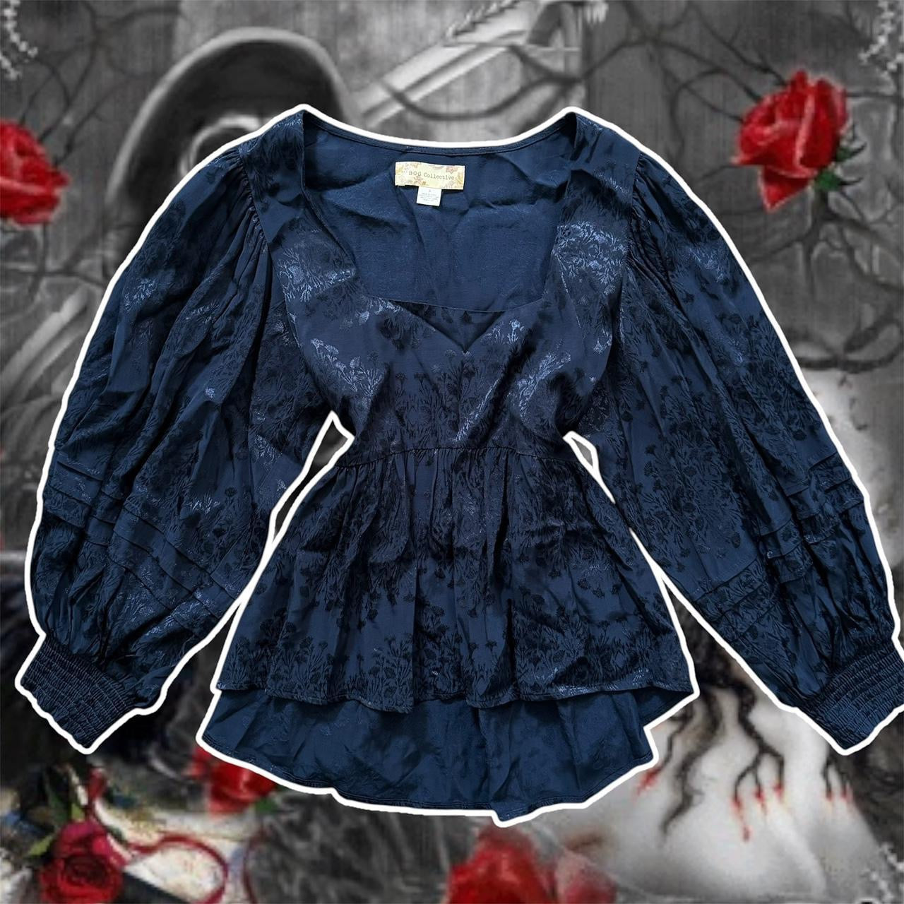 navy blue floral whimsyfairy tie back blouse