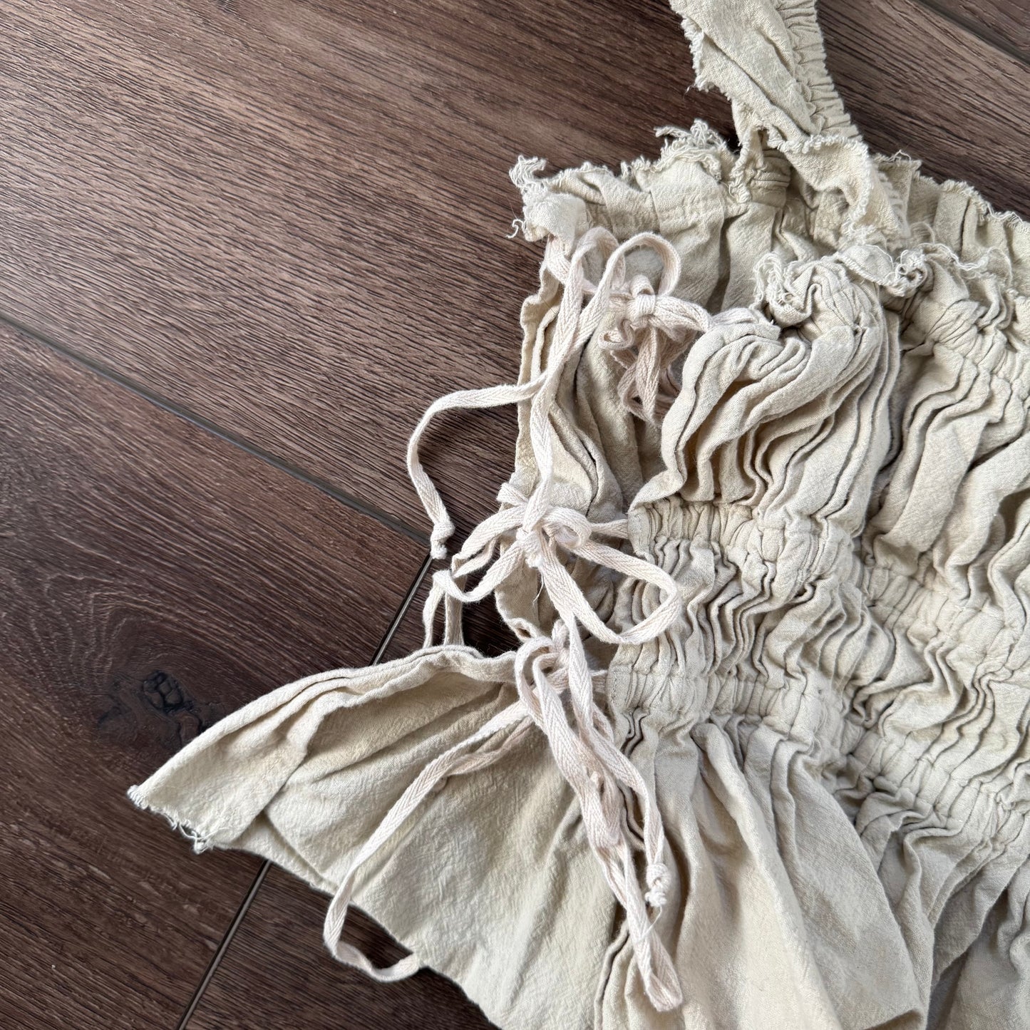 grayish beige free people off the shoulder fairycore distressed top (M)