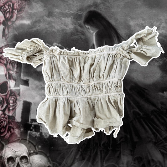 grayish beige free people off the shoulder fairycore distressed top (M)