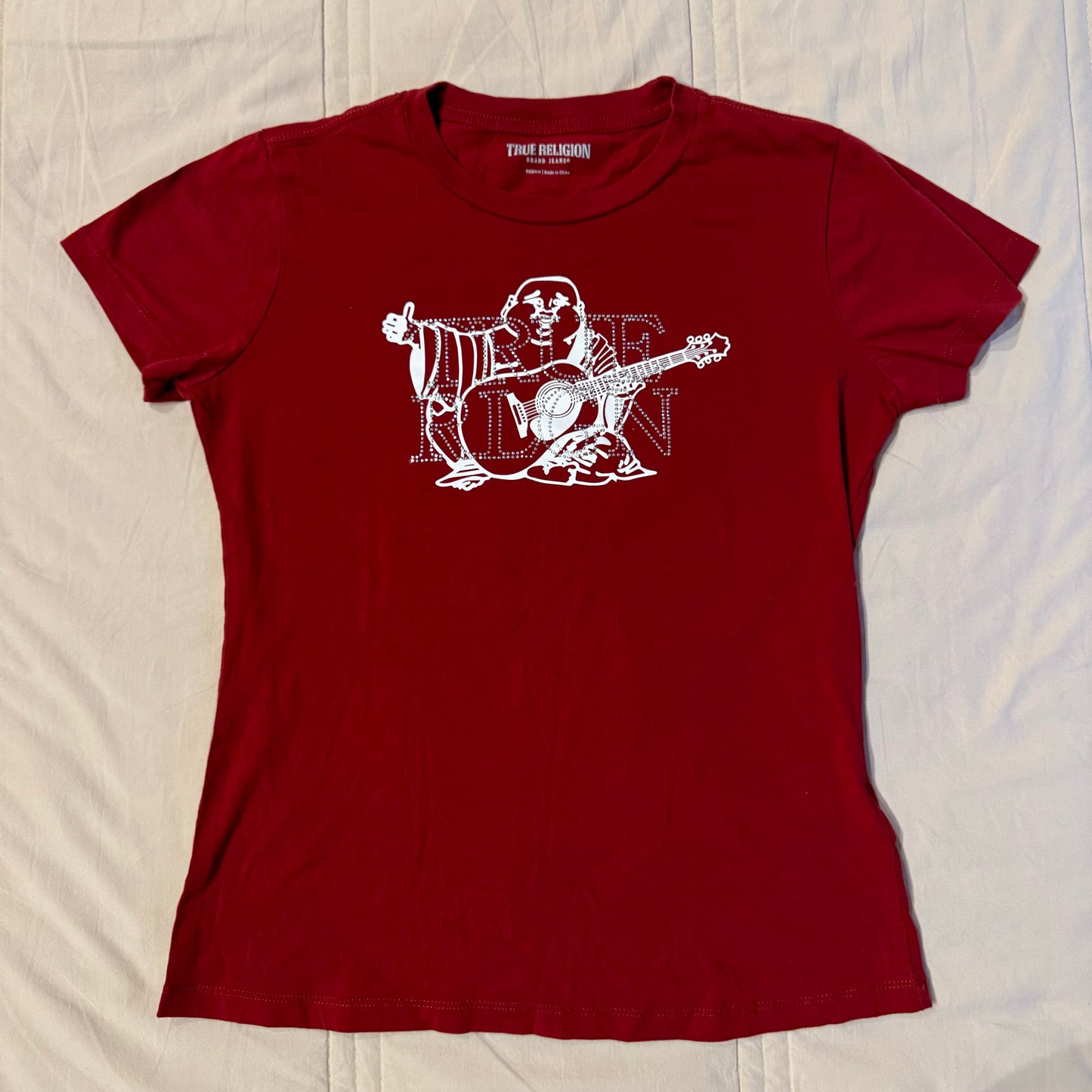 Red & White ‘True Religion’ Rhinestone Happy Buddha Graphic Shirt