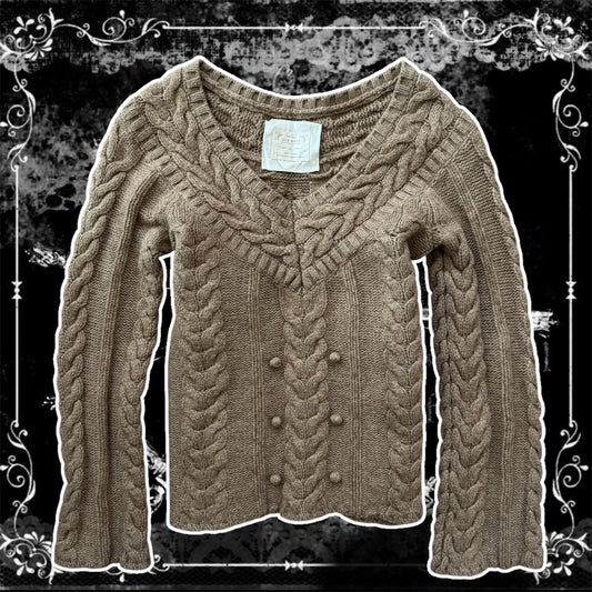 brown cable knit lambs wool long sleeve sweater
