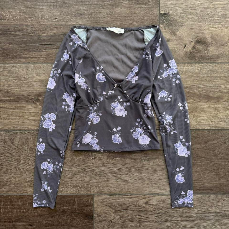 purple floral print long sleeve top