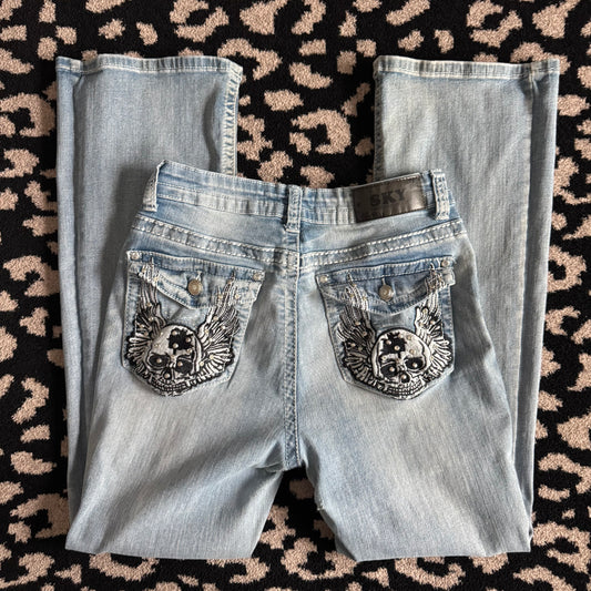 denim blue skull rhinestone high rise bootcut jeans (9/10)