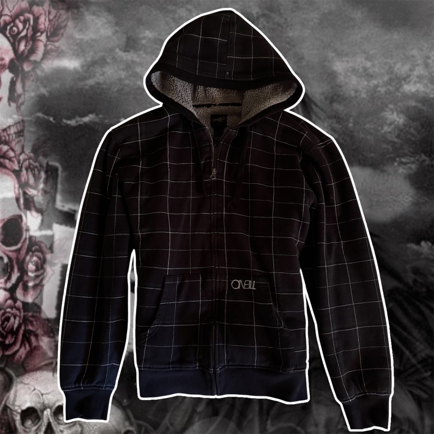 black & gray o’neil plaid sherpa y2k surfer zip up jacket (xl)