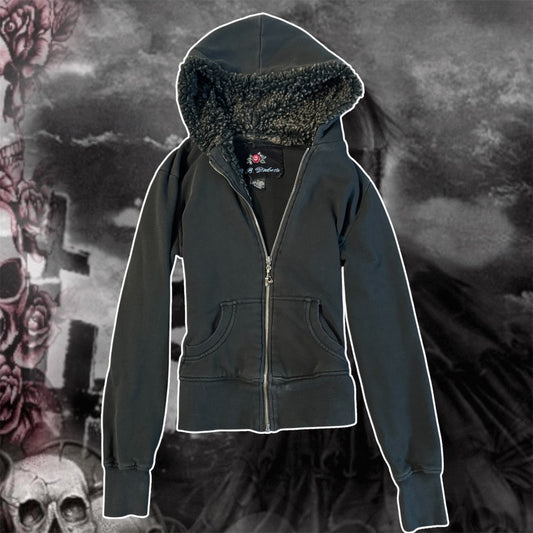 black grungy y2k fur shearling zip up jacket (L)