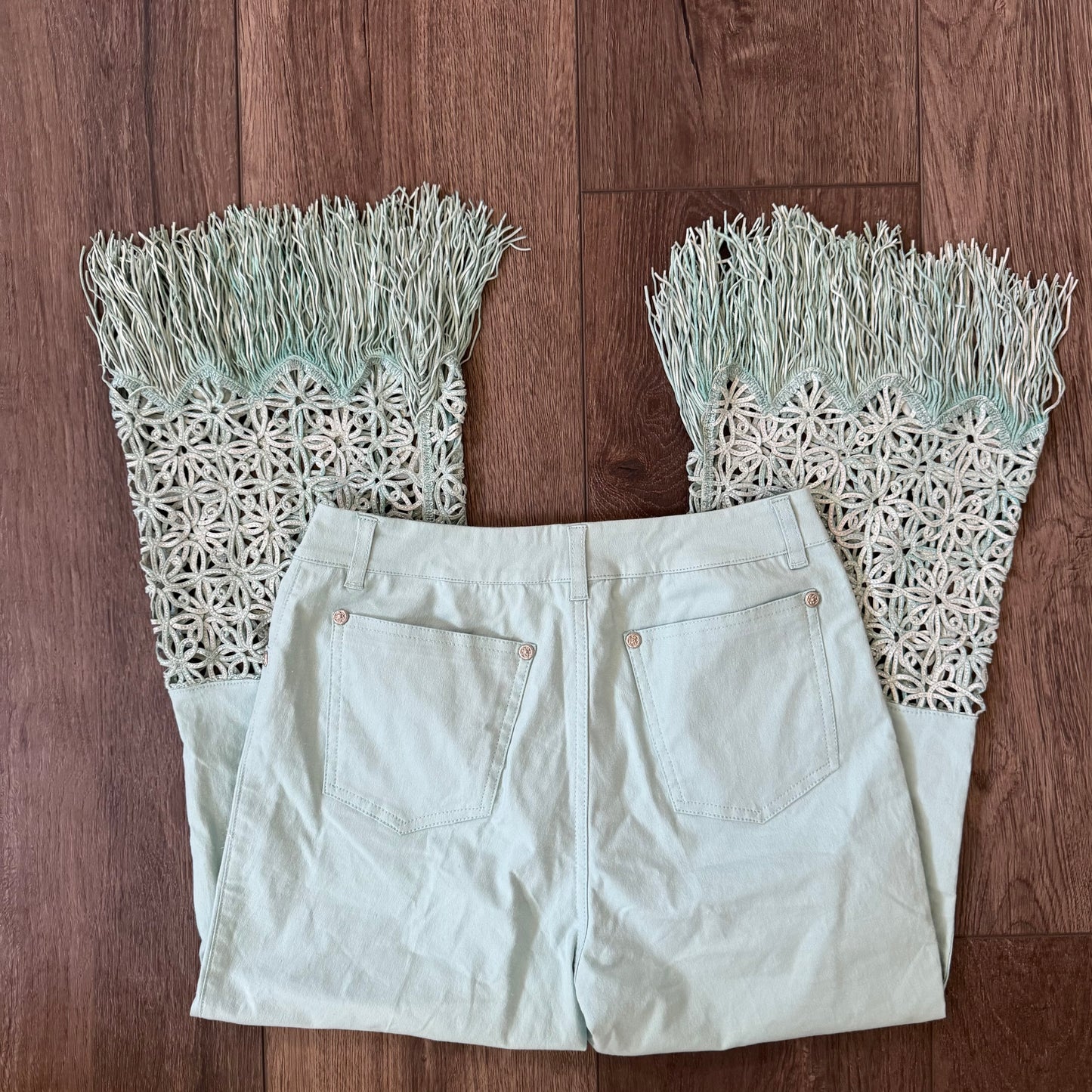 teal blue euro italian designer high waisted fringe capri pants