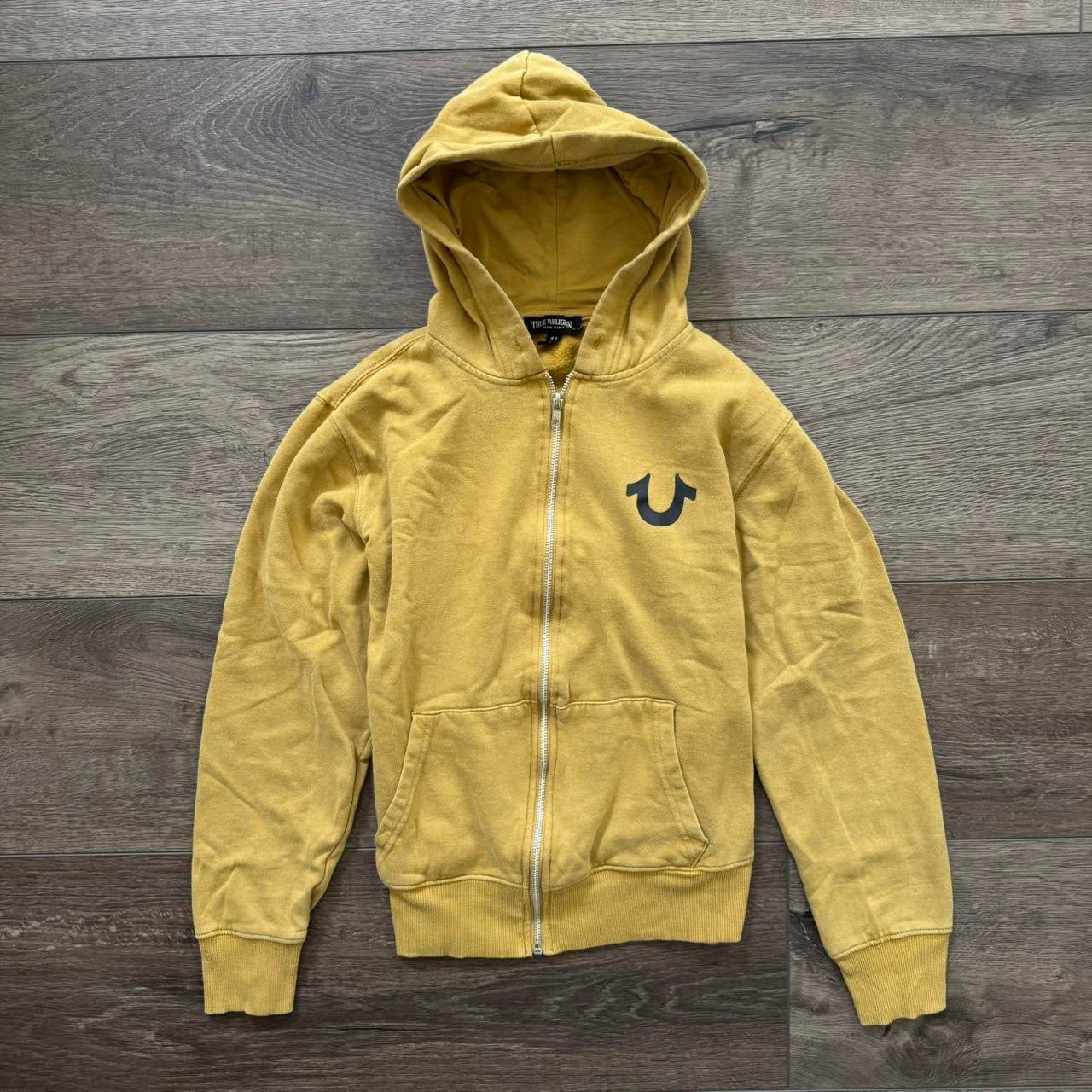 mustard yellow true religion zip up hoodie jacket