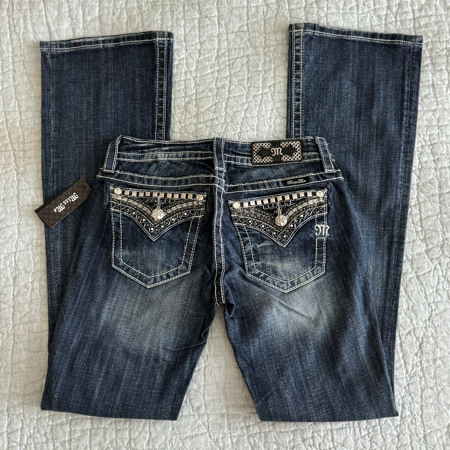 Dark Denim Blue ‘Miss Me’ NWT Rhinestone Y2K Lowrise Bootcut Jeans