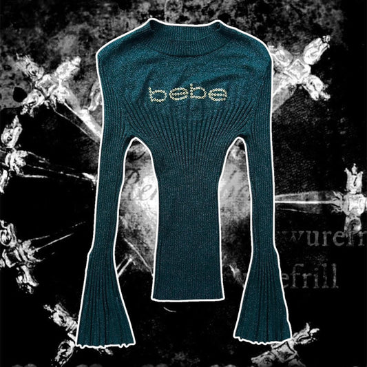 emerald green y2k studded bebe bell sleeve sweater