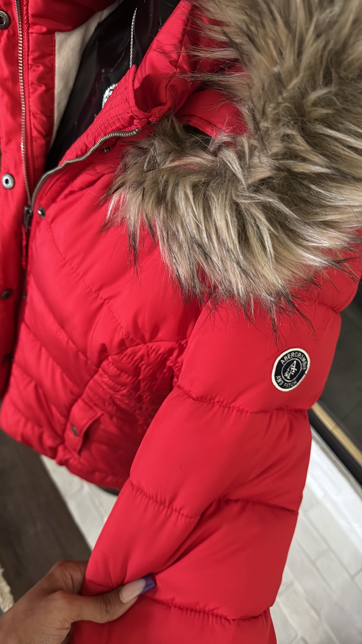 red abercrombie & fitch puffer fur trim premium jacket