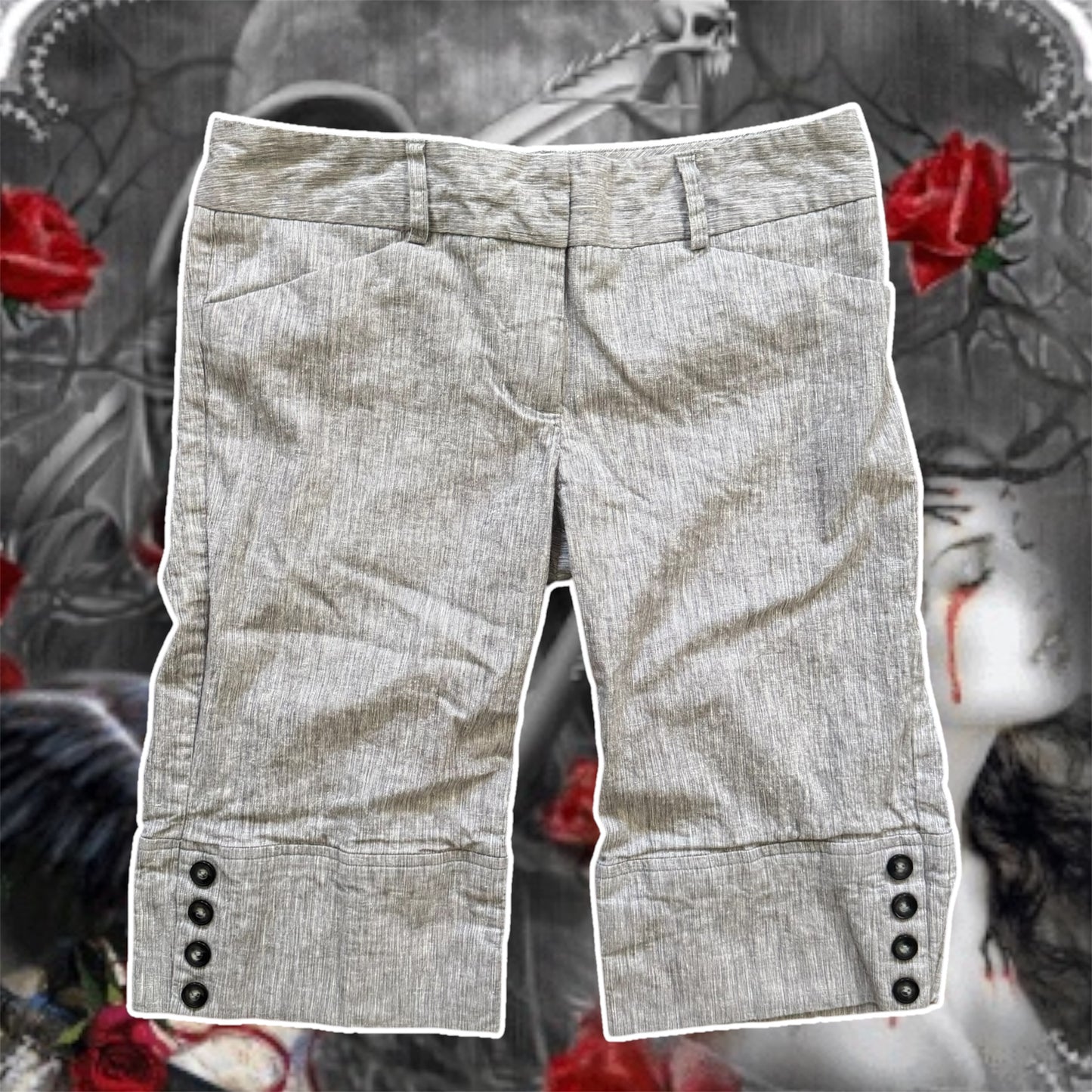 grey grungy office core button capri pants