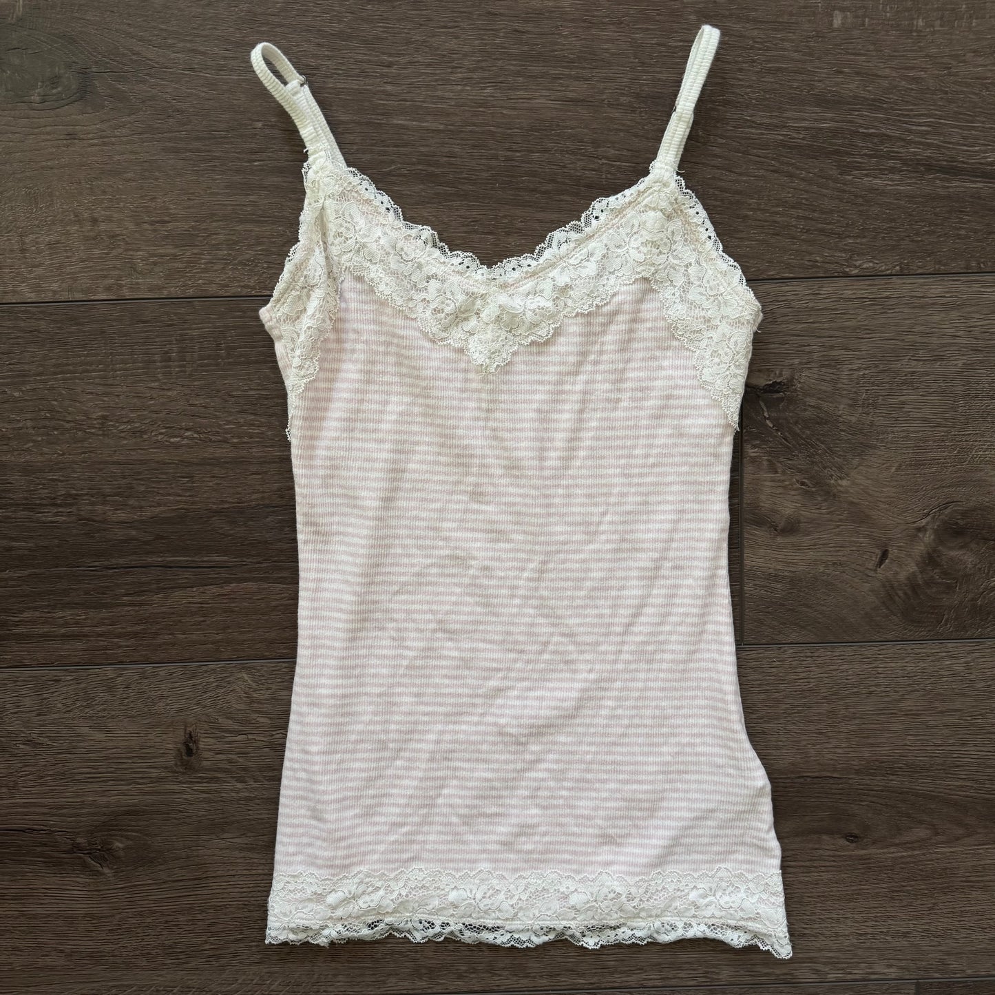 light pink & white stripped lace trim hollister tank top