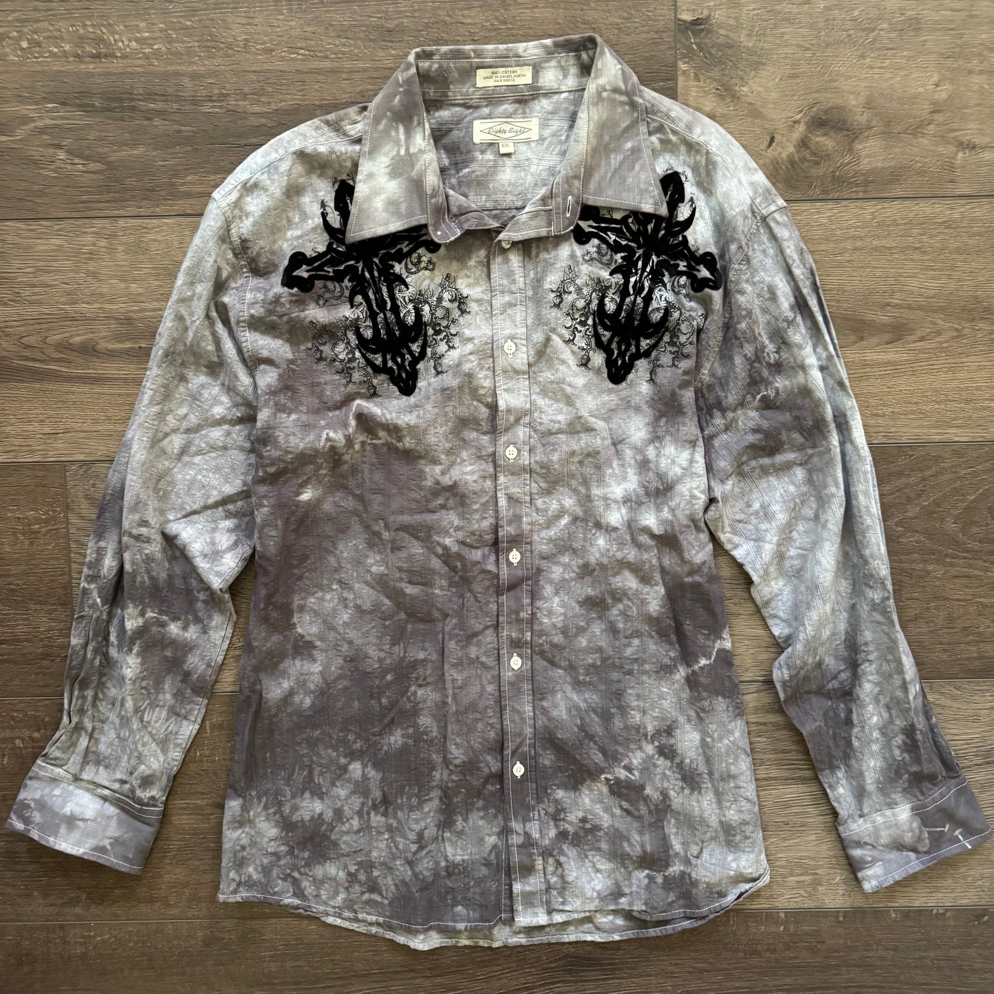 grey & black tie dye cybery2k cross button up men’s collared shirt