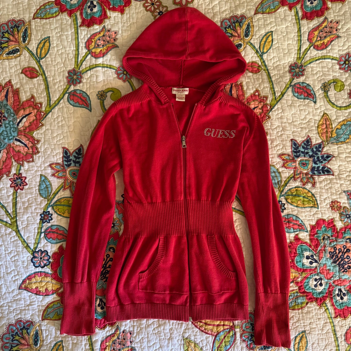red guess rhinestone y2k long sleeve jacket (XL)