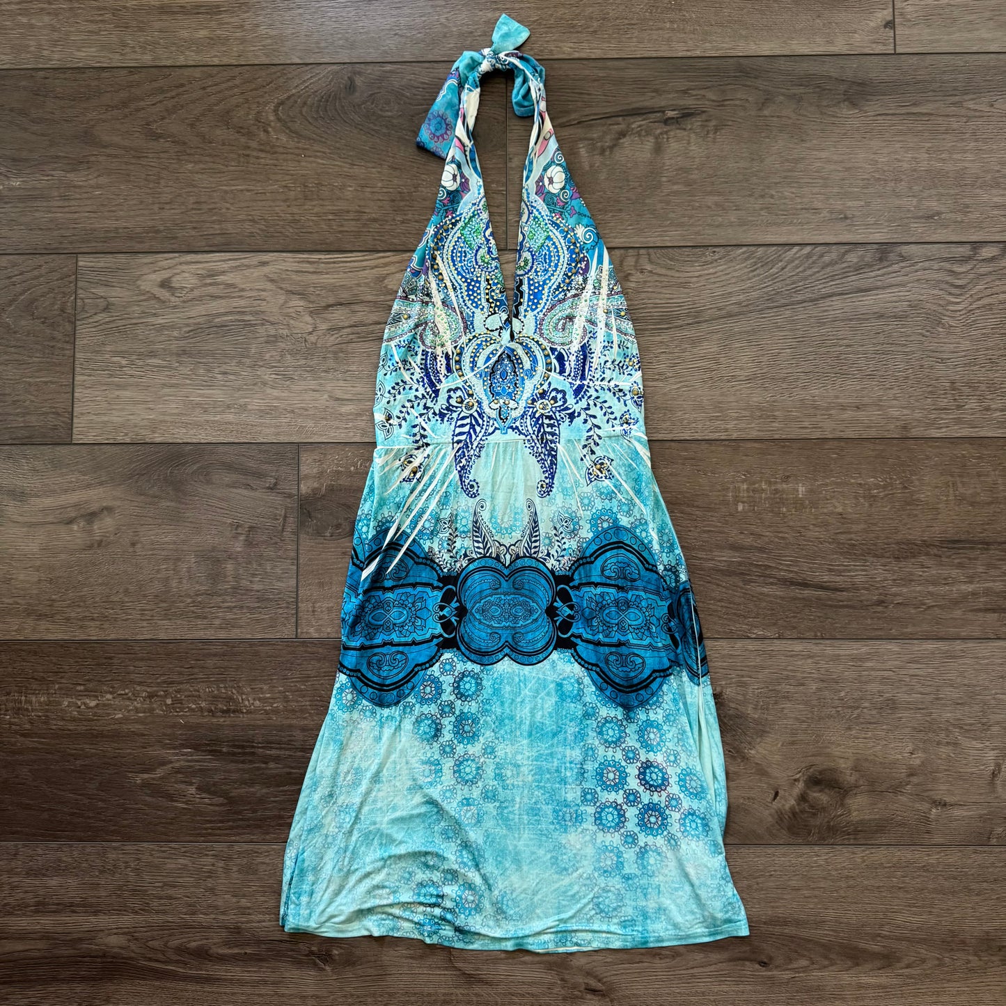 blue y2k rhinestones boho halter dress (S)