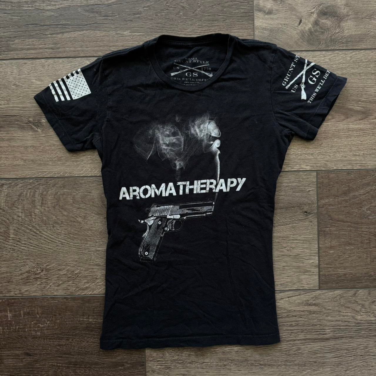 black & white aromatherapy gun graphic shirt