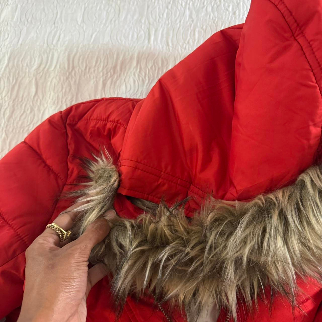 red abercrombie & fitch puffer fur trim premium jacket